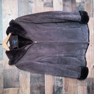 Sonoma Brown Leather Suede Faux Fur Interior Zip Up  Hooded Jacket Sz Med Women